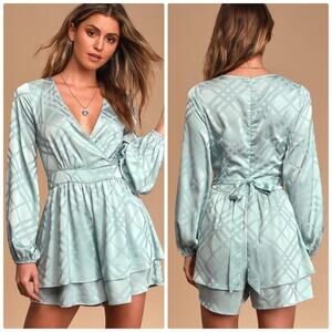 Lulu’s Geo My! Mint Blue Embossed‎ Tiered Romper